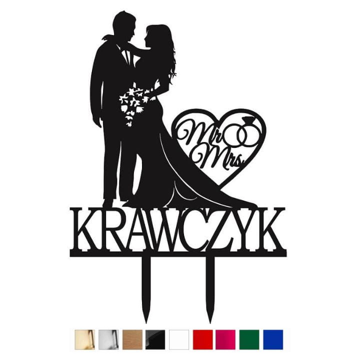 Topper na tort weselny NAZWISKO z postacią Pary Młodej kolory