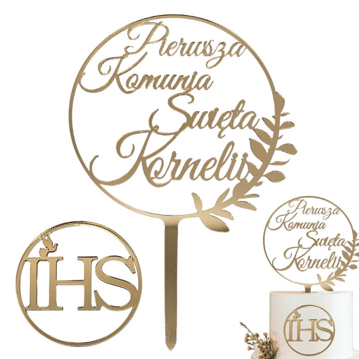 Złoty ZESTAW dekoracji na tort komunijny IMIĘ + IHS