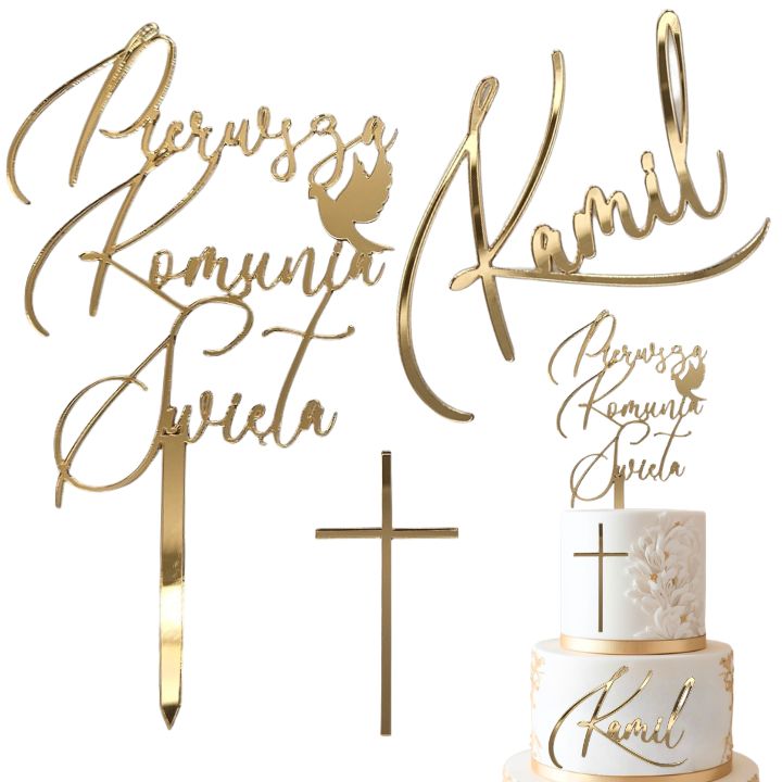 Złoty ZESTAW dekoracji na tort komunijny IMIĘ krzyż napis rustykalny